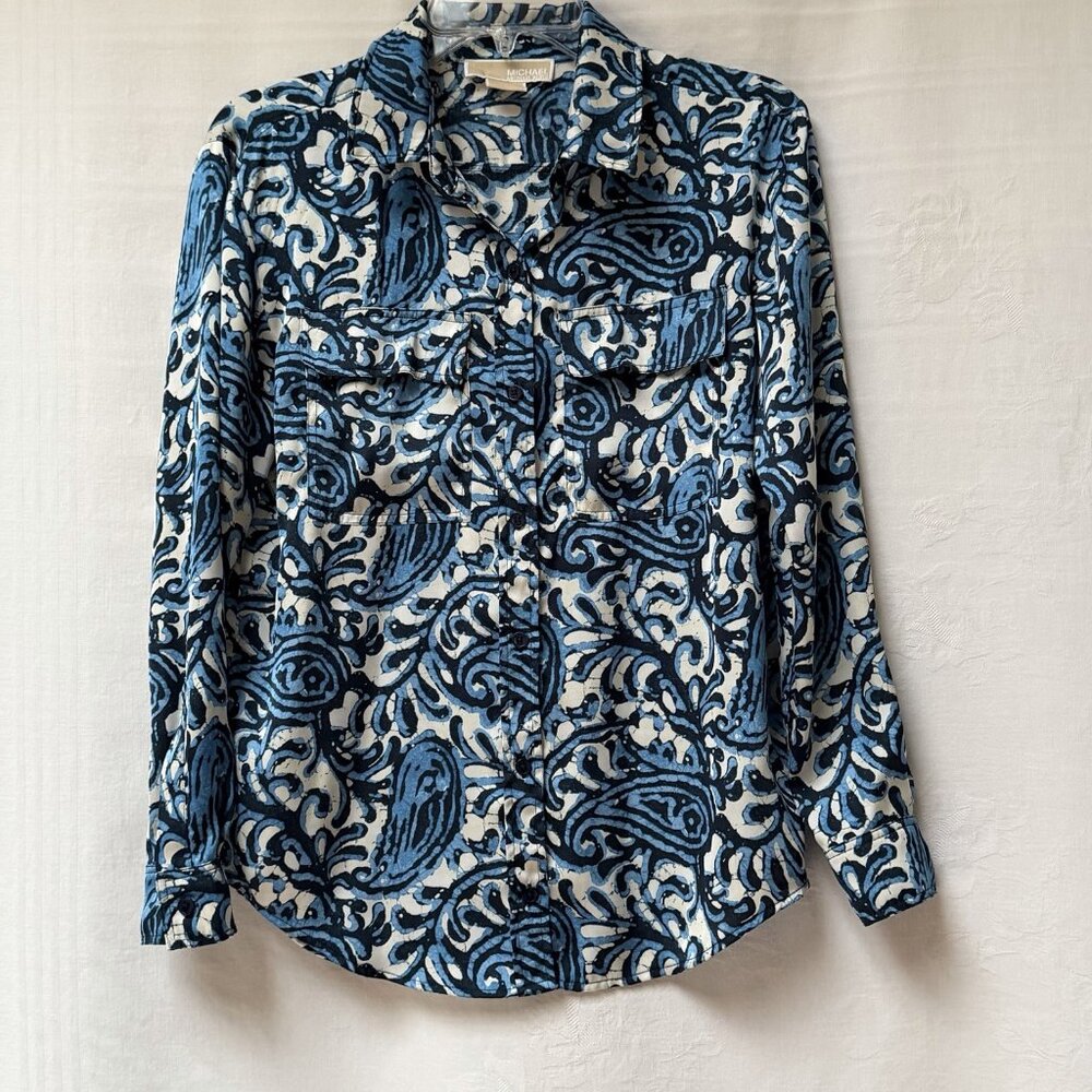 Michael Michael Kors Women's Black Blue Swirl Pattern Button Up‎ Shirt Size P